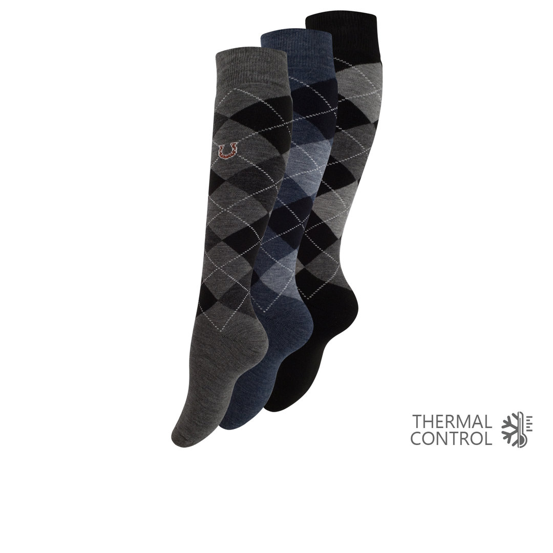 3er Pack Damen Thermo Reitkniestrümpfe mit Rautenmuster