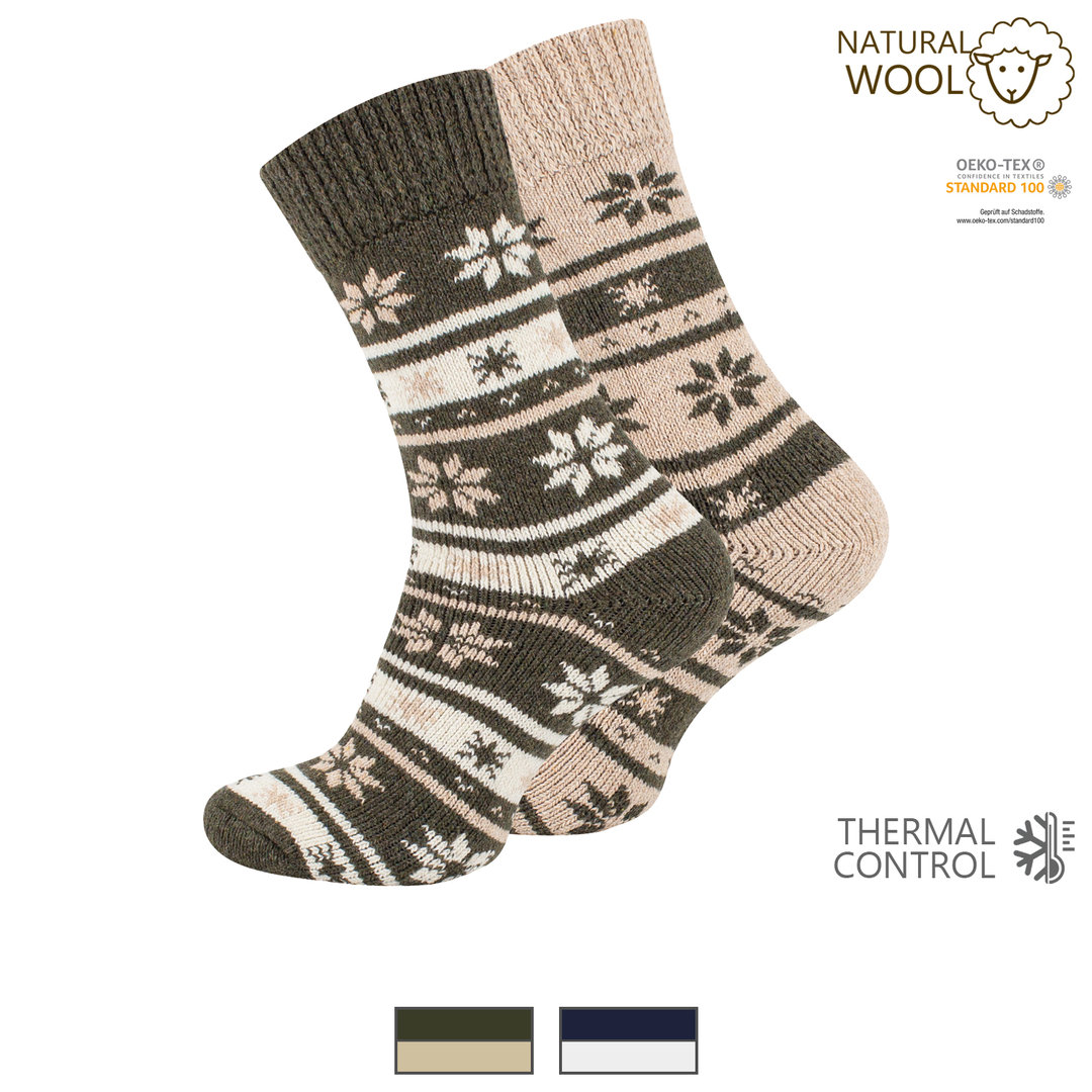 2er Pack Unisex vollfrottee Thermo-Wollsocken mit Eiskristallmuster