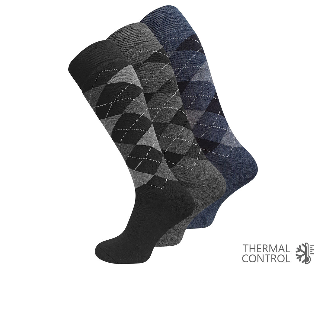 3 Pack men's full terry thermal knee socks with diamond design